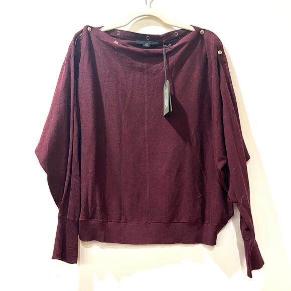 NWT 100% cotton Lg  Allsaints knit sweater burgundy snap boatneck off shoulder - Picture 1 of 8